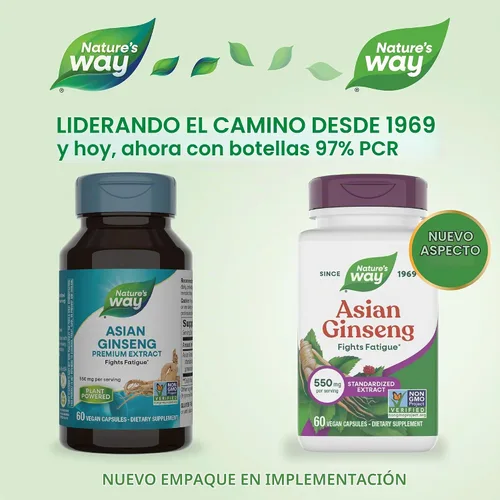 Vista 2 de Nature's Way, Ginseng asiático herbario premium, combate la fatiga*, 60 cápsulas