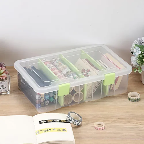 Vista 2 de BTSKY Caja de almacenamiento divisoria de plástico transparente con 4 compartimentos, contenedor de almacenamiento ajustable con tapa, contenedor