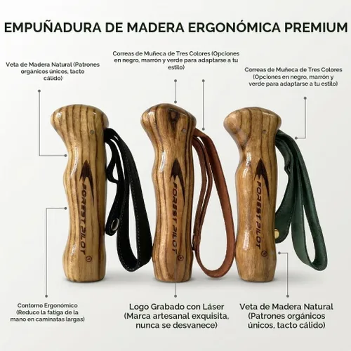 Vista 2 de FOREST PILOT Bastón de trekking – 1 unidad de madera de sasafrán ajustable y desmontable para senderismo o bastón Negro