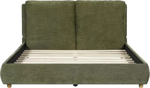 Vista 6 de Merax Cama de plataforma tapizada de tela Boucle tamaño Queen con dos cabeceras de almohada extraíbles, marco de cama de madera con patas redondas