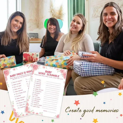 Vista 6 de OLOUTAB Juegos de Baby Shower para Niña - 2 Juegos (50 de Cada), Juego de Baby Shower Word Scramble y Price is Right, Doble Cara, Cartón Grueso