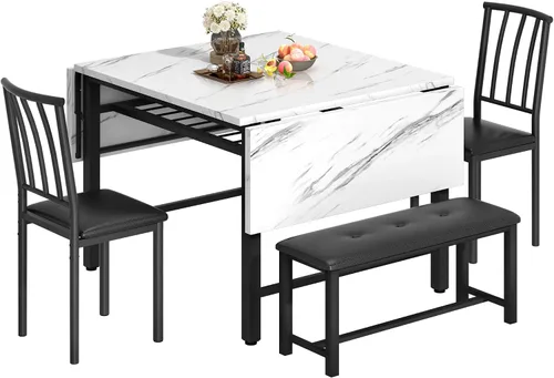 Vista 3 de AWQM Mesa de comedor de 4 piezas de mármol sintético con estante de almacenamiento, juego de mesa de rincón de desayuno que ahorra espacio con 2