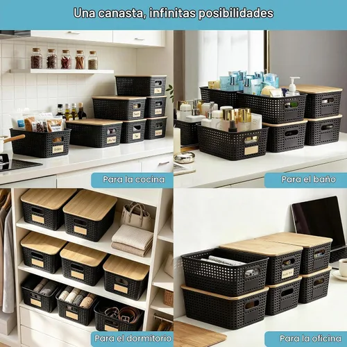 Vista 5 de Contenedores pequeños de plástico con tapas de bambú de 5.2 cuartos de galón, cesta apilable para despensa, contenedores decorativos lindos