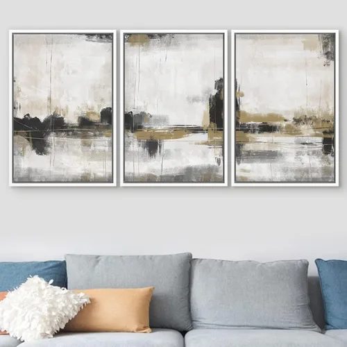 Vista 180 de SIGNFORD - Set de obras de arte en lienzo enmarcado para pared, ilustraciones abstractas de neblina del desierto en tonos neutros beige y marrón
