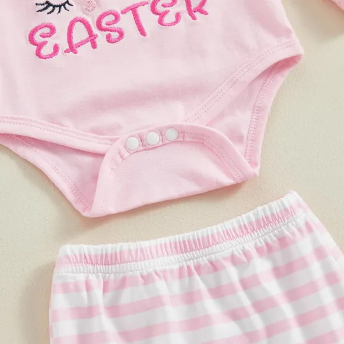Vista 4 de Traje de Pascua para bebé recién nacida, mameluco de conejo, mameluco de conejo, pantalones largos a rayas, sombrero de conejo, conjunto de ropa