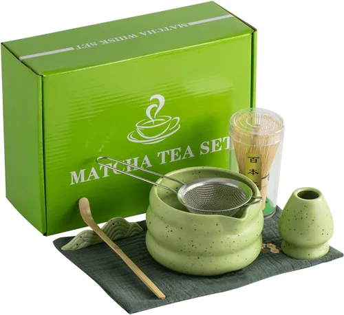 Vista 7 de Juego de té matcha japonés de 7 piezas, kit de matcha con cuenco de matcha (con boquilla de vertido), batidor de matcha, soporte para batidor Verde