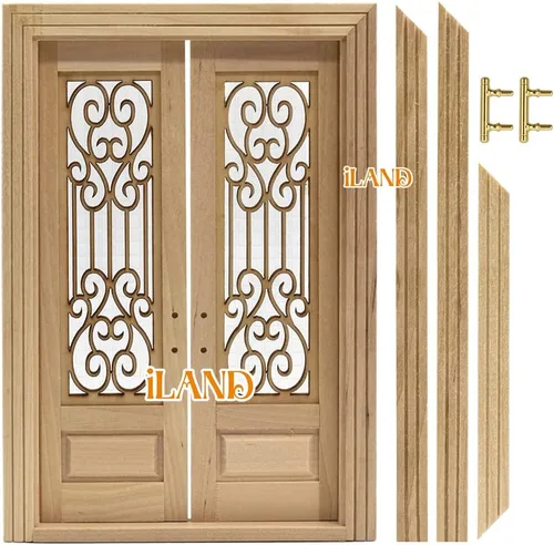Vista 3 de Puerta de casa de muñecas iLAND a escala 1:12, accesorios de casa de muñecas de puerta en miniatura con patrón tallado y paneles de celosía 3D que