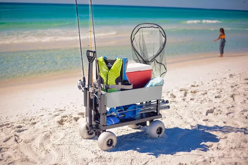 Vista 4 de Mighty Max Cart Carro de playa plegable de dos pisos para exteriores con neumáticos de arena, 2.5 pies cúbicos de polietileno para bañera y caña