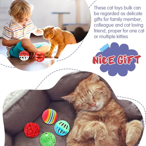 Vista 6 de Hungdao 100 piezas de juguetes para gatos, bolas pequeñas de plástico a granel, bolas de gato surtidas con campana para gatito, persecución