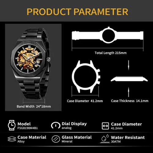 Vista 5 de Tiong Reloj de pulsera mecánico de acero inoxidable de esqueleto de lujo, resistente al agua, negro, automático, para hombre