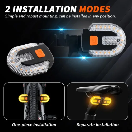Vista 3 de 4 señales de giro para bicicletas con alarma, control remoto de carga USB, luz trasera de bicicleta integrada, 5 modos, impermeable, estroboscópica