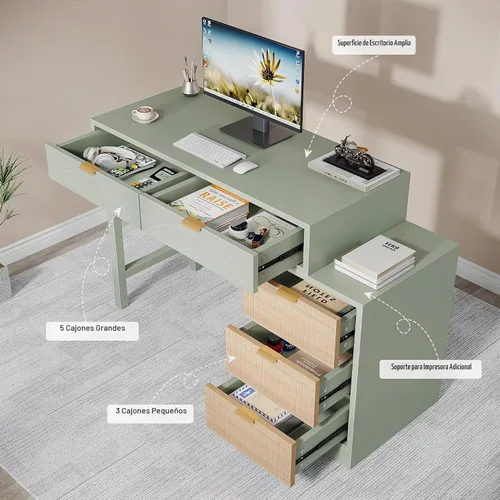 Vista 6 de Tribesigns Escritorio de computadora con 5 cajones, escritorio pequeño reversible para escribir con almacenamiento, mesa de estudio de madera Verde
