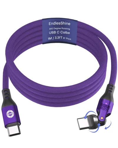 Vista 12 de Cable USB C a C de 3.3 ft, negro, rotación 540, 240 W, PD, carga rápida, transferencia de datos de 480 Mbps, cable de carga tipo C con chip