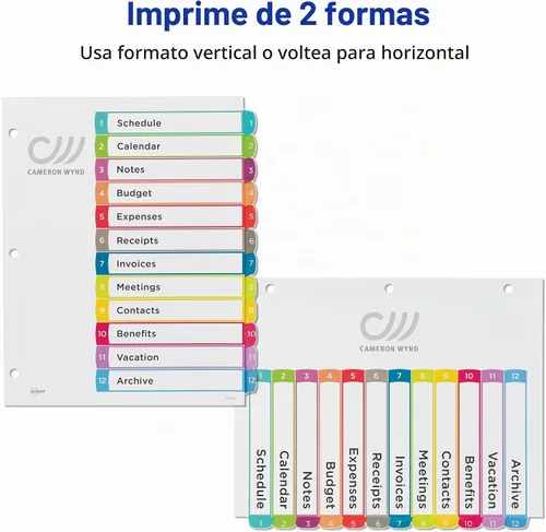 Vista 3 de Avery Separadores para carpetas de 3 anillos, 12 pestañas por juego, tabla de contenido personalizable, pestañas arqueadas multicolor, ideal