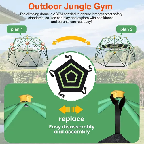 Vista 5 de Domo de Escalada Jungle Gym para Niños de 10 Pies, con Hamaca, Conjunto de Juegos Resistente de Servicio Pesado para Exteriores Todo Clima