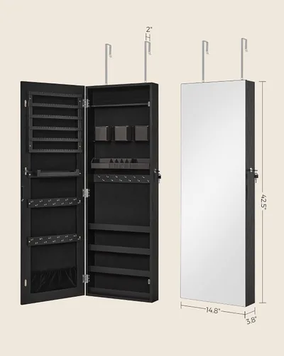 Vista 6 de SONGMICS Armario de joyería con espejo, gabinete de joyería montado en la pared o puerta, colgante con cerradura sin marco con 2 organizadores