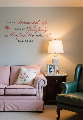 Vista 2 de Calcomanías de pared de mariposas coloridas con versículo bíblico, Salmo 139:14, calcomanías de pared cristianas, You are Beautiful for You are