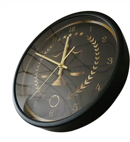 Vista 8 de Scale of Justice - Reloj redondo con marco de metal, funciona con pilas, de cuarzo, sin tictac, marco de aluminio negro, reloj de pared