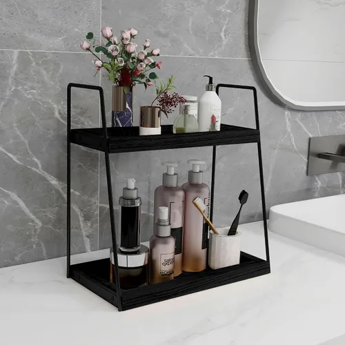 Vista 2 de Dorhors Organizador de encimera de baño de 2 niveles, organizador de tocador para encimera de baño, estante de madera para cocina (negro)