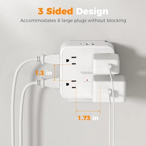 Vista 7 de TESSAN - Extensor de toma de corriente múltiple, extensor de enchufe de pared con 8 enchufes, divisor de salida múltiple con 3 puertos USB