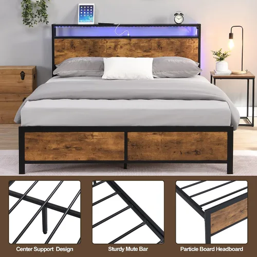 Vista 7 de Anwick Base de cama con luces LED, cabecera de almacenamiento de 2 niveles con estación de carga, marco de cama LED de plataforma de metal