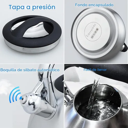 Vista 4 de Easyworkz Hervidor de té silbante de acero inoxidable de grado alimenticio con silbato fuerte, 2.4 cuartos de galón (2.3 l)