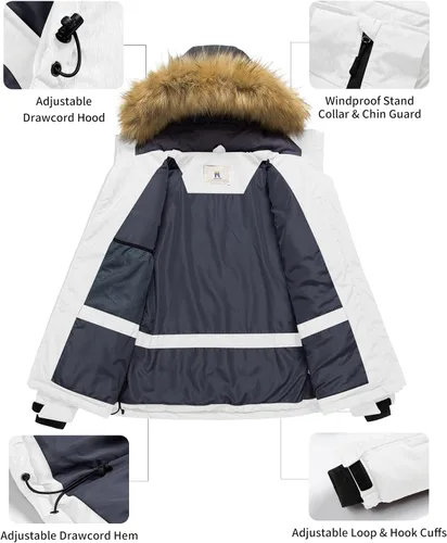 Vista 3 de Pursky Chaqueta de esquí impermeable para mujer, abrigo de nieve acolchado de invierno, abrigo de piel con capucha
