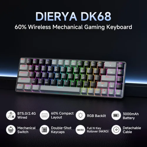 Vista 2 de DIERYA Teclado mecánico inalámbrico DK68 60% para juegos, 3 modos Bluetooth2.4GUSB-C con interruptor azul clicky, retroiluminación RGB