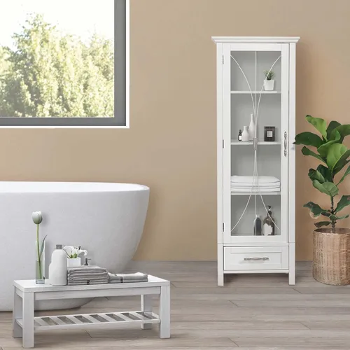 Vista 4 de Teamson Home Delaney Linen Tower - Torre alta y estrecha para baño, ahorra espacio de almacenamiento con 1 puerta de panel de vidrio, 3 estantes