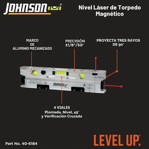 Vista 2 de Johnson Level & Tool 40-6184 - Nivel láser de torpedo magnético, color plateado y negro, 1 nivel láser