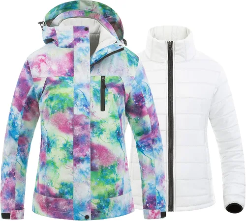 Vista 16 de CREATMO US Chaqueta de esquí impermeable 3 en 1 para mujer, resistente al viento, chaqueta de snowboard cálida para invierno