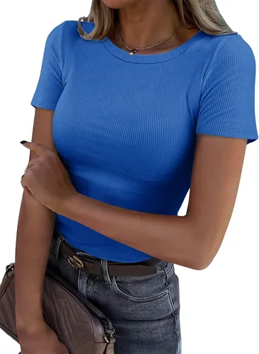 Vista 9 de Roselux - Camiseta ajustada de manga corta con cuello redondo de canalé, camiseta básica de punto. Beige