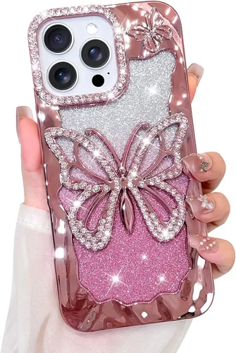 Vista 13 de Bonoma Funda con purpurina para iPhone 13 Pro Max, bonita funda 3D con patrón de chapado en degradado de mariposa de diamante, protección de cámara