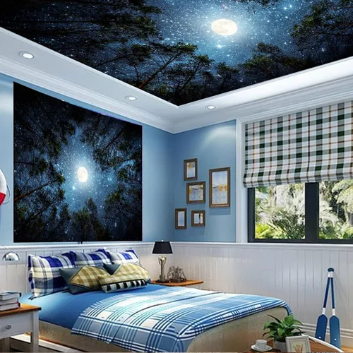 Vista 3 de Apdidl Tapiz estrellado de galaxia forestal para techo de dormitorio, espacio azul, cielo estrellado, luna, estrellas, tapiz estético, telón