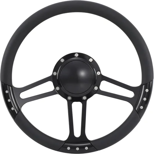 Vista 2 de Volante de 9 pernos Billet de 14 pulgadas con botón de plato y bocina de 2 pulgadas (negro)