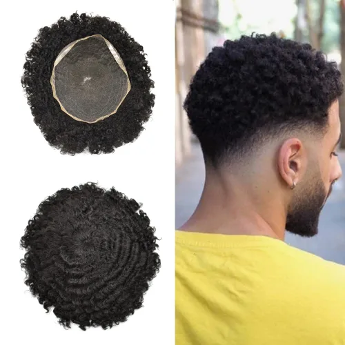 Vista 36 de Peluca de encaje suizo rizado afro para hombre, sistema de repuesto de peluca de encaje completo, extensiones duraderas de cabello humano #1 Negro