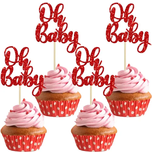 Vista 11 de Gyufise 36 piezas Adornos para cupcakes Oh Baby con moño azul y rosa, brillante dorado, adornos para cupcakes de baby shower, adornos para cupcakes