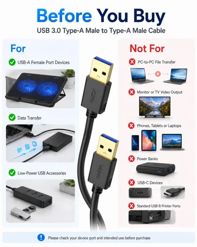 Vista 5 de VCZHS Tech Cable USB a USB de 3.3 pies, USB3.0 tipo A a tipo A macho a macho cable de transferencia de datos de 5 Gbps para almohadilla