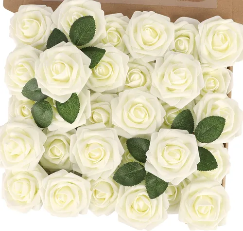 Vista 29 de MACTING 30 PCS Flores Artificiales Rosas Negras y Blancas Flores Falsas con Tallo Rosas de Espuma de Tacto Real para Boda Bola de Besos Ramillete