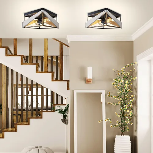 Vista 6 de Lámpara de techo industrial empotrada de 2 luces, lámpara de techo cuadrada de metal y madera, para cocina, pasillo, comedor, entrada, balcón