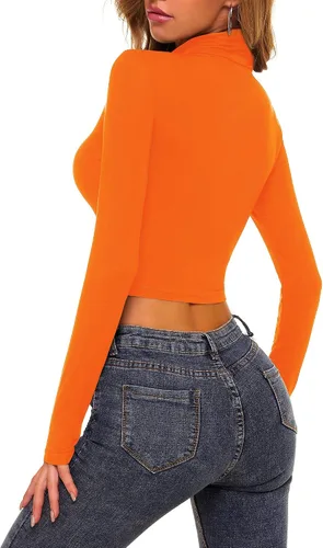 Vista 6 de MSBASIC Ombliguera de cuello de tortuga manga larga para mujeres, camiseta básica ajustada.