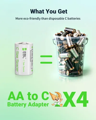 Vista 4 de EBL Adaptadores de batería de tamaño C, tamaño AA a C, espaciador de batería con celdas AA recargables, paquete de 4