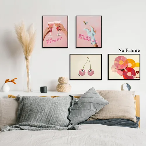 Vista 3 de JUIOEIU Juego de 4 impresiones artísticas de pared de barra rosa retro de moda, disco de vinilo vintage de la suerte de 8 bolas, pósteres artísticos