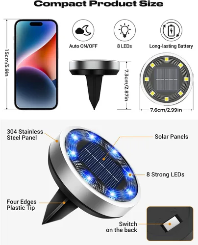 Vista 5 de Btfarm Paquete de 16 luces solares impermeables para exteriores, 8 luces LED solares para suelo