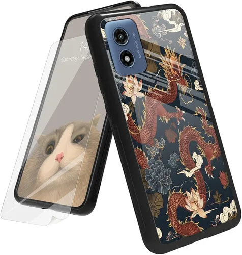 Vista 60 de Funda para Motorola Moto G Play 4G 2024 con protector de pantalla, parte trasera de vidrio templado + funda de silicona suave TPU absorción