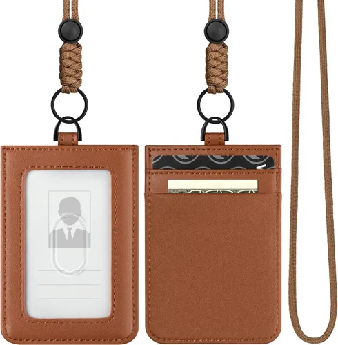 Vista 13 de VULKIT Soporte para tarjetas de identificación con cordón para mujeres y hombres, soporte vertical de cuero con ranura transparente para tarjetas