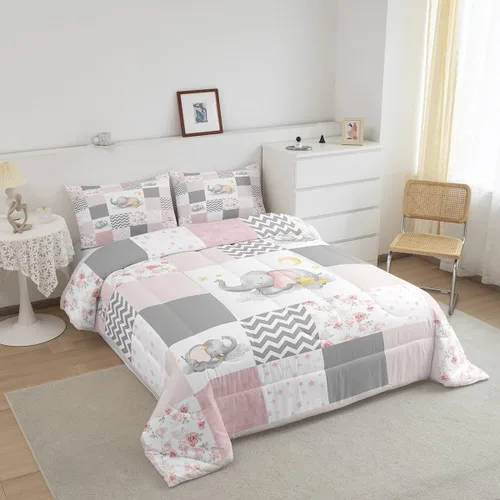 Vista 3 de Lindo juego de edredón de elefante, tamaño individual, juego de ropa de cama de dibujos animados Kawaii con flores de animales para niños y hombres