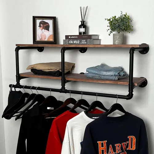 Vista 8 de Perchero para ropa de 72 pulgadas, para montar en la pared, con estante de madera real, perchero colgante resistente, barra para colgar multiusos