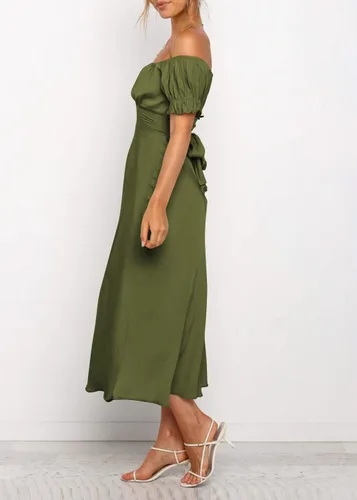 Vista 5 de KIRUNDO Vestido midi de satén para mujer, con hombros descubiertos, fruncido, fruncido, para boda, fiesta, cóctel, formal, 2023