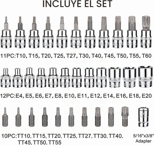 Vista 3 de CASOMAN 34 piezas de 3/8 pulgadas Torx Bit Socket y E-Torx (estrella) Juego de zócalos de acero CR-V y S2, E4-E20, T10-T60, a prueba